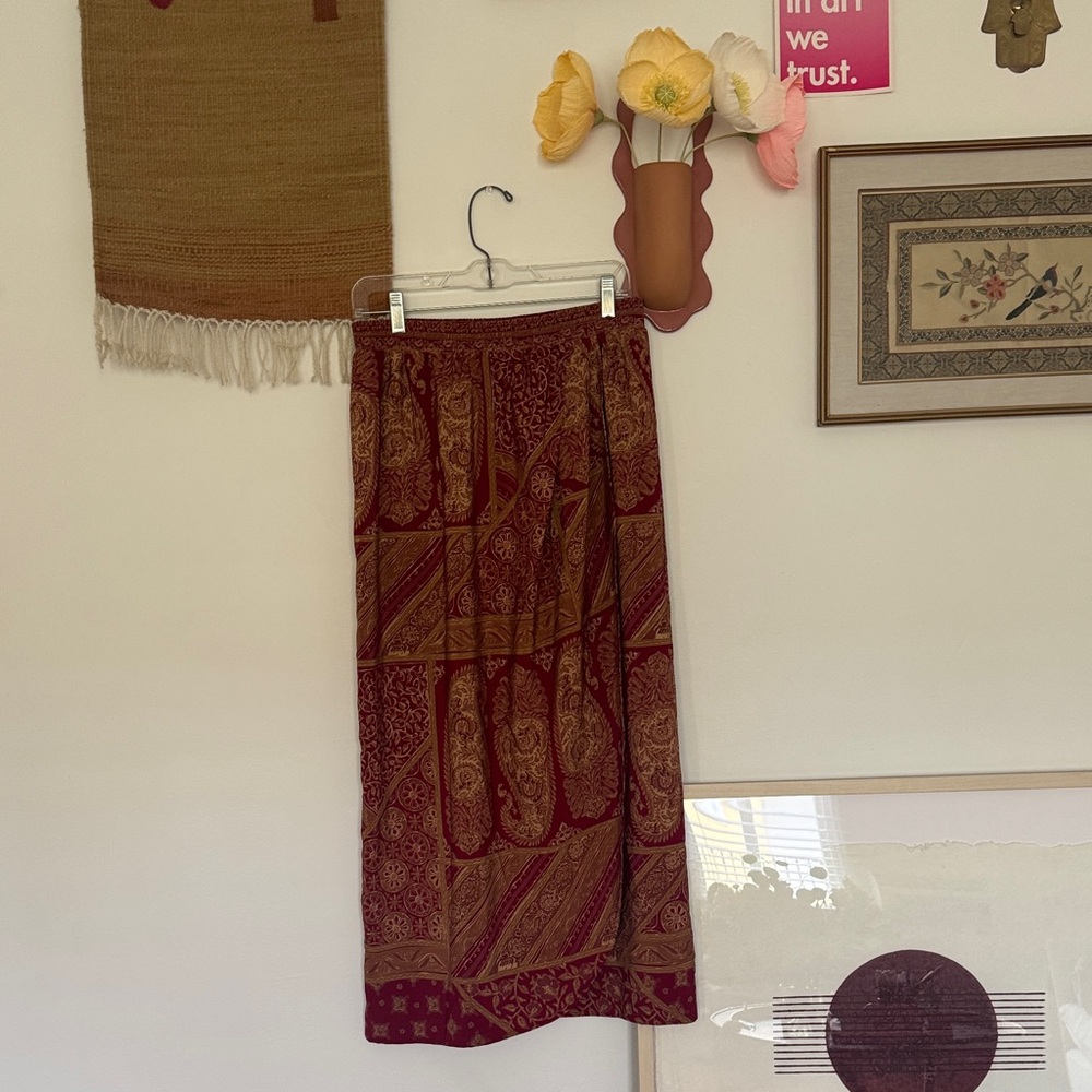 Paisley Panel Midi Skirt in Deep Burgundy
